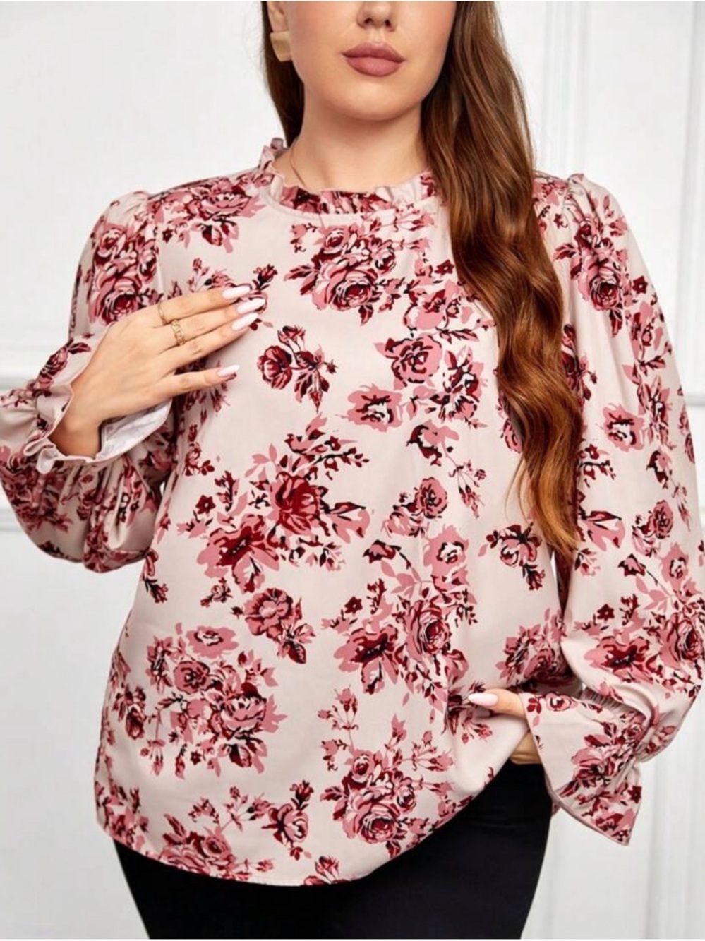 SHEIN Pink Floral Blouse Ruffle Neck Long Sleeve Romantic Cottagecore Top XL - Picture 2 of 7